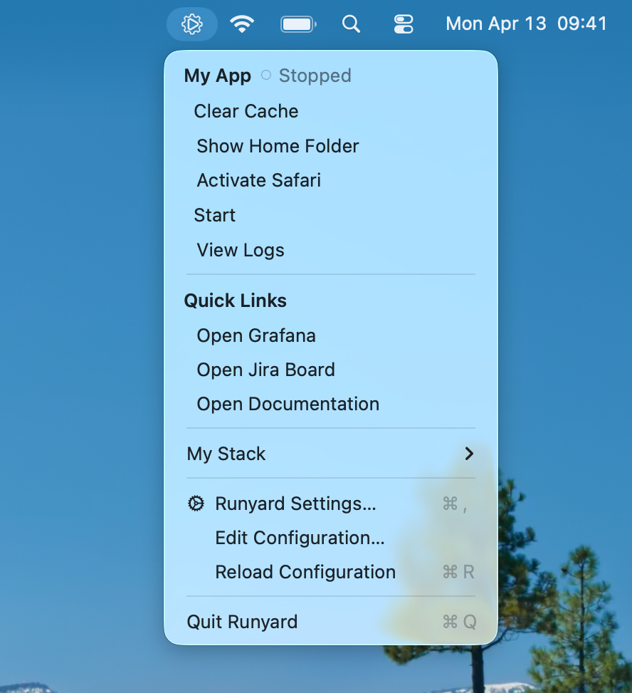 Runyard menu bar — start, stop, and monitor your dev stack
