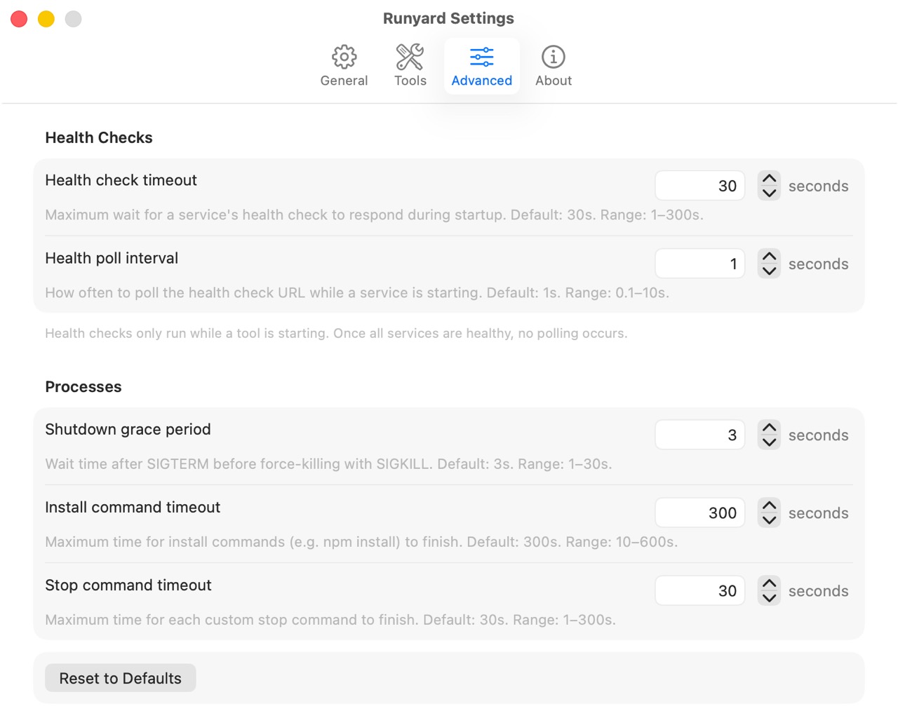 Runyard advanced settings — health checks, timeouts, and graceful shutdowns